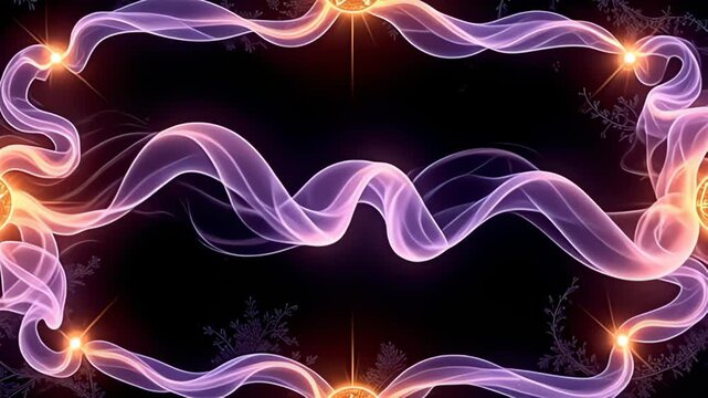 From the void emerges a luminescent form; the Mystic Border Frame forming from magical sigils, swathed in flowing ribbons of lavender and amber, twisting and twirling in an ethereal manner