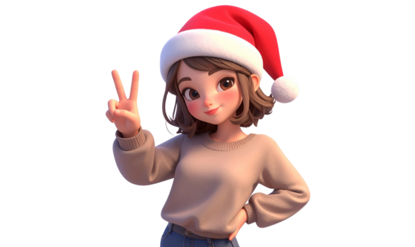  Playful Woman in Santa Hat Making Peace Sign Gesture - Powered by Adobe