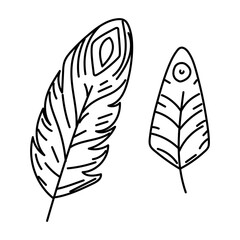 Feathers are symbol of Native Americans in style doodle. Two different feathers from bird. Elements head decorations, hunting tools. Handmade product. Engraving, graphics, shading. American Indians