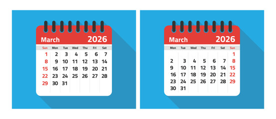 March 2026 calendar templates with Sunday and Monday week starts