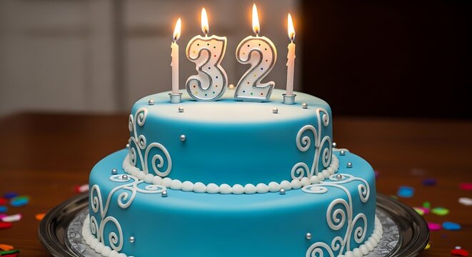 Festive two-tiered blue birthday cake for a thirty-second celebration