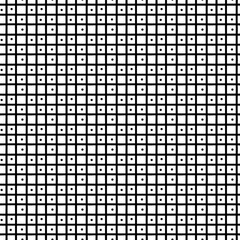 The abstract pattern consists of a thin grid line and dots. Repeating seamless texture of small squares with chaotic dots inside. Woven mesh with elements. Clear ornament for clothes
