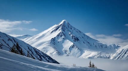 Majestic Snow-Capped Mountain Towering Over a Pristine Winter Landscape with Clear Blue Sky Above