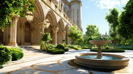Stunning architectural scene featuring grand Renaissance style building with intricate details, surrounded by lush greenery and serene fountain