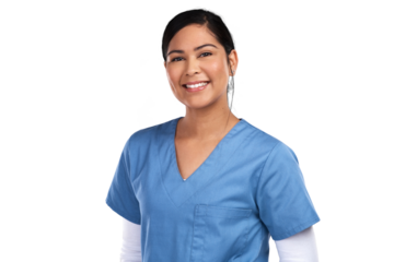 Portrait, smile and healthcare with a nurse woman isolated on a transparent background for treatment. Medical, happy and trust with a young mexican female medicine professional in scrubs on PNG