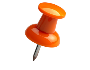 A vibrant orange pushpin, glossy finish, metallic point, angled perspective,  isolated on black background