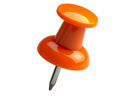 A vibrant orange pushpin, glossy finish, metallic point, angled perspective,  isolated on black background