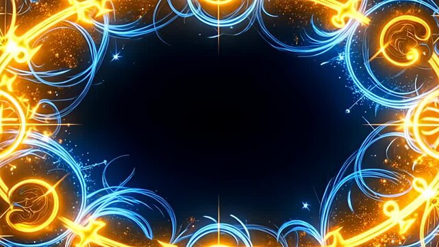 As a kaleidoscope of bright yellows and blues swirls energetically, the Mystic Border Frame forming from magical sigils emanates a jubilant vibrancy; lively sparkles ricochet off the edges,