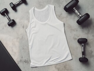 white athletic tank top styled flat on a gray concrete surface with workout equipment such as weights and a yoga mat nearby