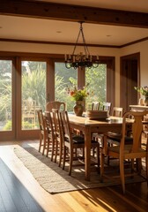 Obraz premium Sunlight streaming through rustic kitchen windows, glowing over a wooden dining table with fresh flowers