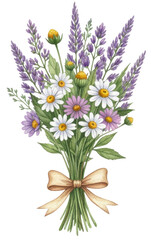 Obraz premium a rustic wildflower bouquet with lavender and daisies tied with a ribbon