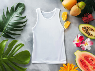 white athletic tank top styled flat on a gray concrete surface with exotic flowers and fruits nearby