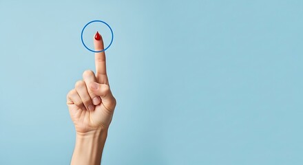 Fototapeta premium Fingertip Blood Drop, Symbolic Health Check, Light Blue Background