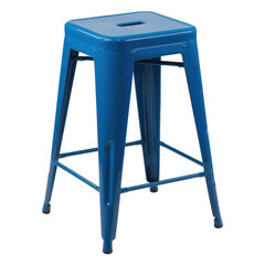 A vibrant blue metal industrial style counter height stool with footrest isolated on transparent background