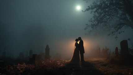 Fototapeta premium Embracing in the mist, a haunting love story unfolds under the moonlight