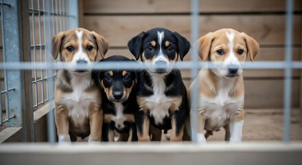 Four adorable puppies looking through a fence at an animal shelter.
