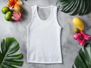white athletic tank top styled flat on a gray concrete surface with exotic flowers and fruits nearby
