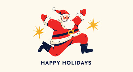 Jolly Santa Claus running with stars for vibrant holiday season greetings and festive promotions to add cheer to your marketing campaigns © Mugi