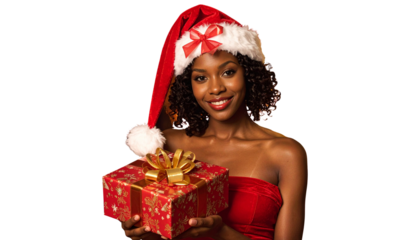 Transparent Background Elegant Woman in Santa Hat Holding Gift Box, Holiday Portrait