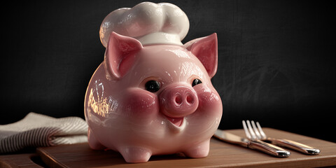 A pink ceramic piggy bank wearing a white chef hat on a wooden table or kitchen counter, against a blank chalkboard with copy space. Perfect for food budgeting or culinary finance ads. Generative Ai.