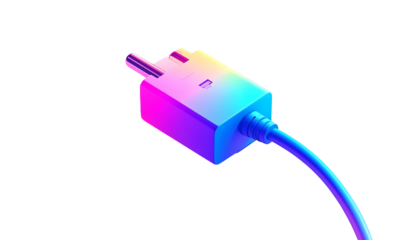 Vibrant, iridescent power plug and cord, angled, against a black background, showcasing a three-dimensional, stylized design