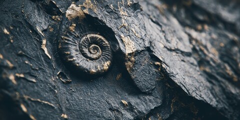 Ancient Fossil: Detailed shot reveals the imprint of an ancient ammonite fossil, perfectly preserved in the textured rock, creating a visual tale of time and geological history. 