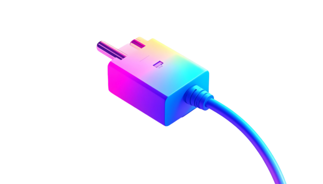 Vibrant, iridescent power plug and cord, angled, against a black background, showcasing a three-dimensional, stylized design