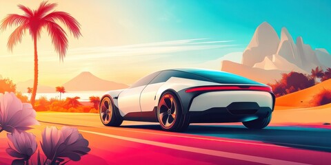 Creative abstract autumn automotive background featuring autonomous driving car surrounded by colorful flowers and birds in sunny outdoor landscape for futuristic commercial advertising design.