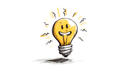 A doodle lightbulb with a face and a happy, bright expression, emitting glowing squiggles, isolated on a Transparent Background