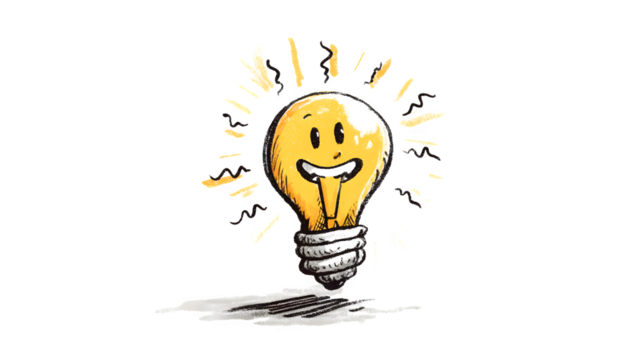 A doodle lightbulb with a face and a happy, bright expression, emitting glowing squiggles, isolated on a Transparent Background