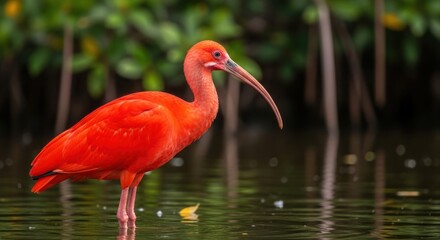 Scarlet Ibis Bird Standing in Shallow Water Surrounded by Greenery.