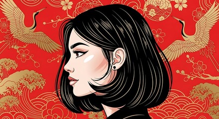 Elegant Asian Woman Portrait with Cranes and Red Background.