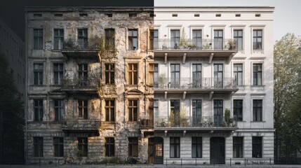 Building facade undergoing renovation contrasting old and new architecture