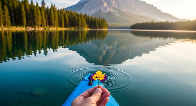 Kayaking on a serene lake with mountain reflections and a rubber duck.
