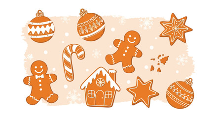 Whimsical gingerbread cookies and festive ornaments create a charming holiday scene perfect for Christmas promotions and winter designs