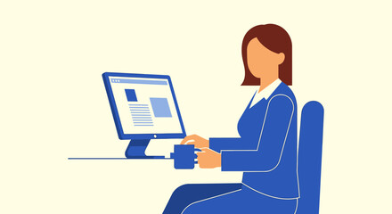 Businesswoman working at her desk with computer and coffee illustrating a productive work