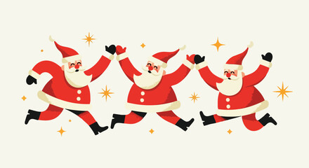Joyful Santas running and celebrating, spreading holiday cheer with festive stars and a whimsical, celebratory mood