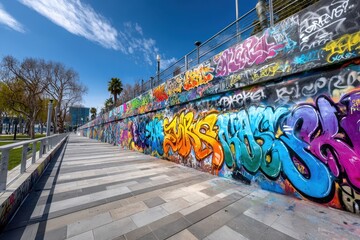 Fototapeta premium Colorful graffiti wall along a paved walkway