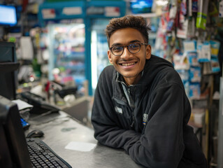 Friendly young man smiling at the camera while seated at a store counter, surrounded by various products and a welcoming atmosphere in an indoor retail environment.