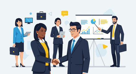 Diverse business team closing a deal with presentation of business performance growth