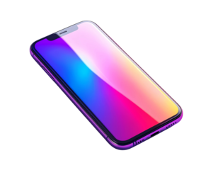 Sleek purple smartphone angled, showcasing vibrant gradient screen, reflecting light