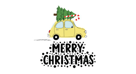 Adorable yellow car carrying Christmas tree and candy cane delivering holiday cheer and spreading joy this festive season with Merry Christmas wishes