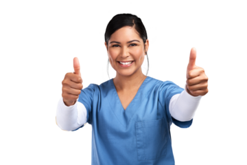 Portrait, thumbs up and support with a nurse woman isolated on a transparent background for healthcare. Medical service, thank you and motivation with medicine professional saying yes to like on PNG