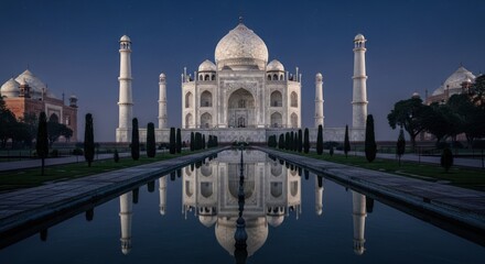 Obraz premium Taj Mahal at Night with Reflection in Water.