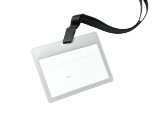 A blank, light gray plastic ID card holder with a black lanyard, hanging, ready for personalization