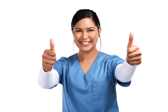 Portrait, thumbs up and support with a nurse woman isolated on a transparent background for healthcare. Medical service, thank you and motivation with medicine professional saying yes to like on PNG