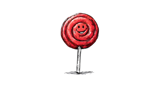 A doodle lollipop with a smiling face on its swirl and a wobbly stick, isolated on a Transparent Background