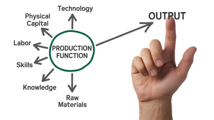 Expert hand demonstrating production function inputs like labor and technology leading to business output growth and success
