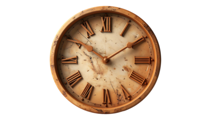 A distressed, antique-style clock face with Roman numerals, exhibiting a worn, aged cream and bronze patina, set against a black background
