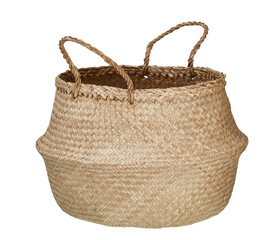 Natural fiber woven basket made from jute tree with low round handles cut out isolated transparent background